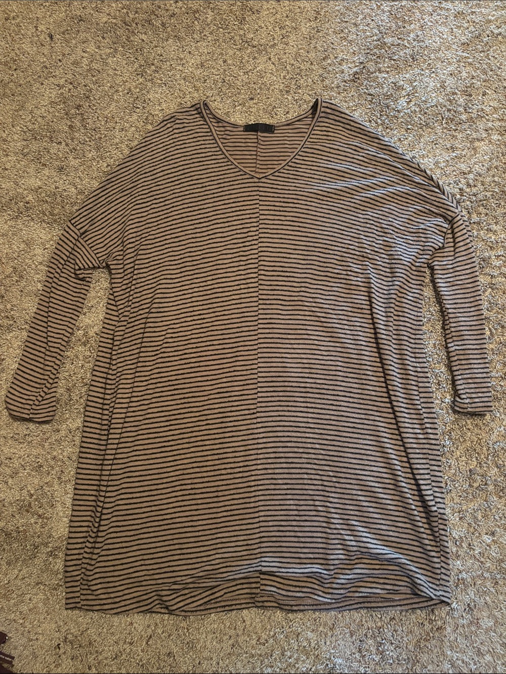 Striped V-Neck Sweater Dress in Taupe and Black